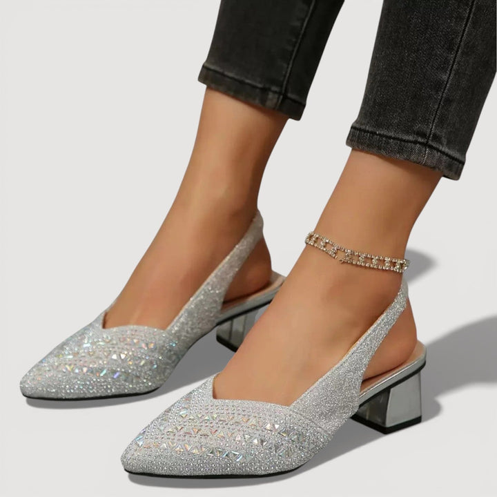 Shimmering women's party heels. Elegant glitter slingback with a stable block heel & sleek pointed toe.