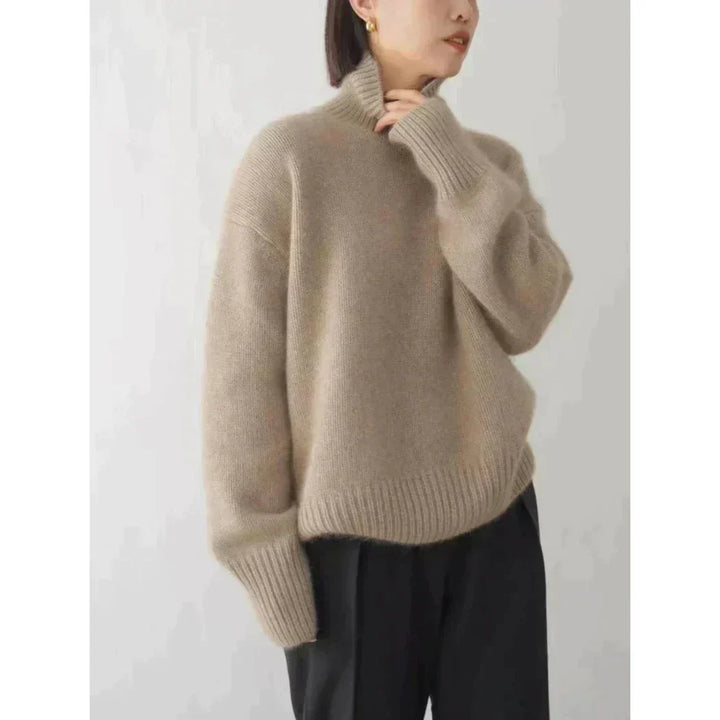 Elegant women's warm wool turtleneck sweater, luxurious and cozy for winter fashion.