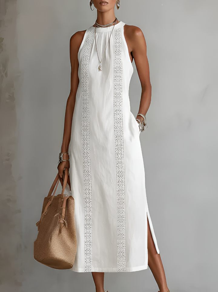 Elegant women's midi dress with a stylish Mao collar, perfect for summer comfort.