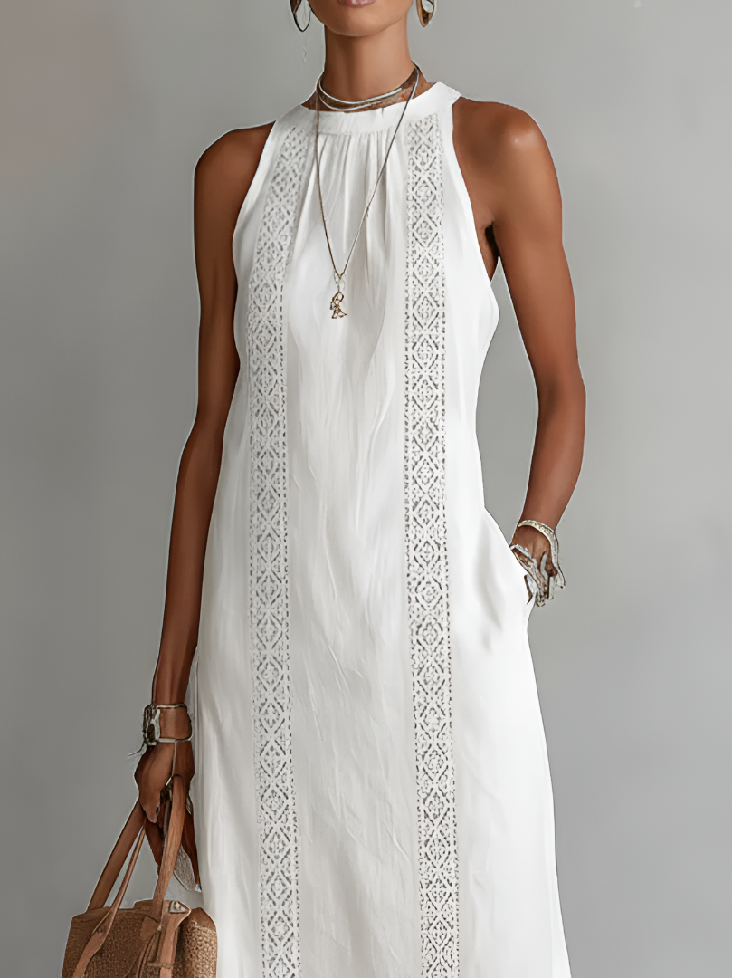 Flattering women's Mao collar midi dress, ideal for elegant summer events or casual wear.
