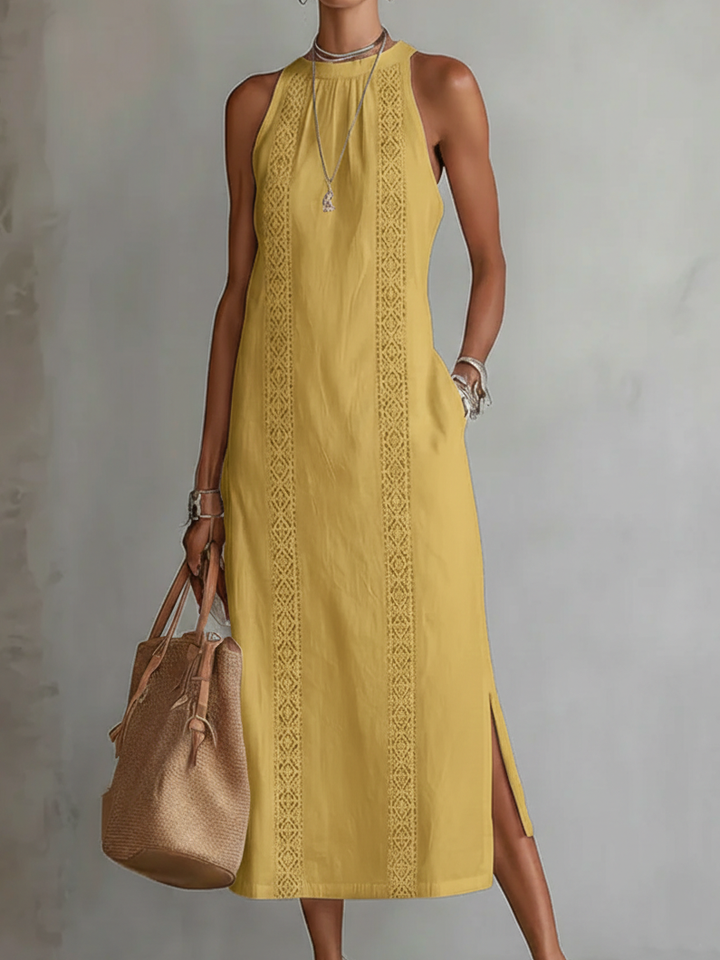 Chic women's Mao collar midi dress, an elegant summer dress for any occasion.