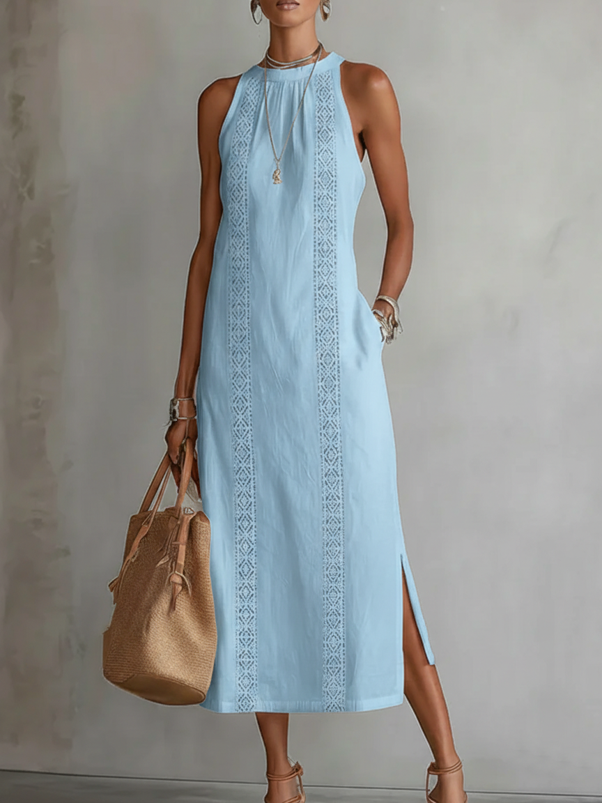 Casual women's midi dress with a unique Mao collar, perfect for relaxed summer days.