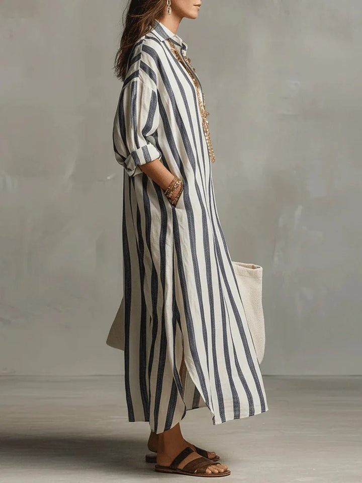 Comfortable women's striped maxi dress, relaxed fit, collared, ideal for summer holidays & vacation style.