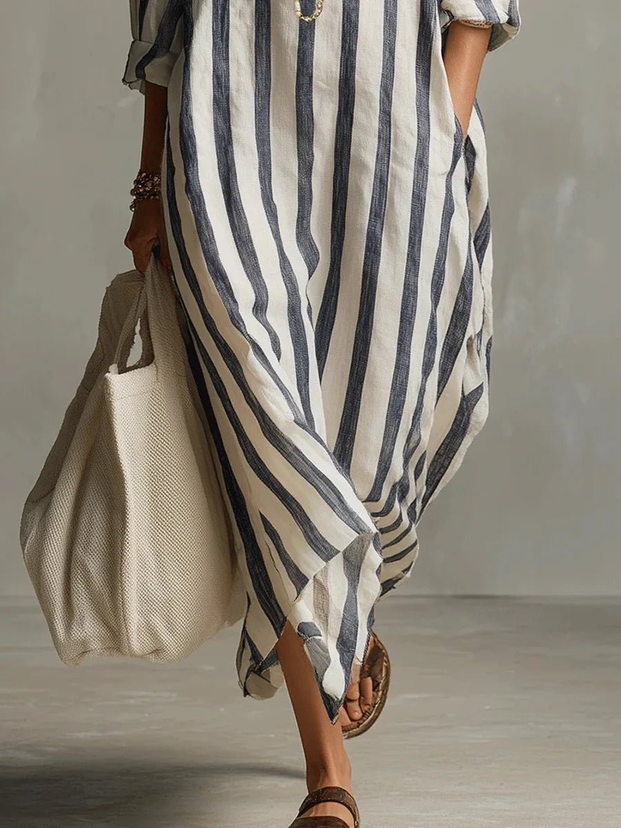 Oversized striped maxi dress for women, relaxed fit with collared neckline & pockets, great for casual comfort.