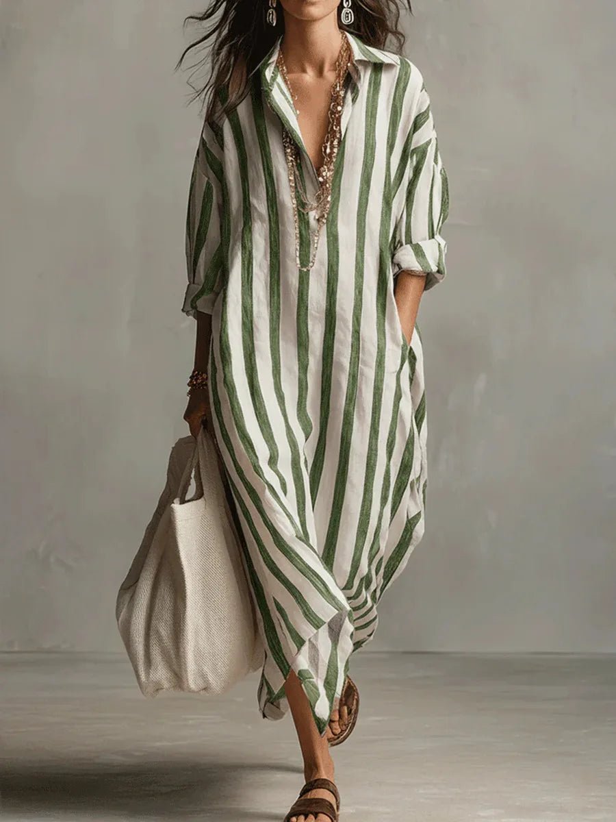 Chic summer striped maxi dress, relaxed fit, collared, with convenient pockets for everyday women's fashion.