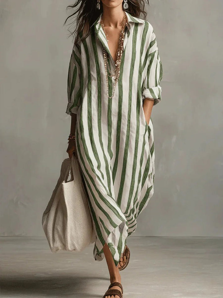 Chic summer striped maxi dress, relaxed fit, collared, with convenient pockets for everyday women's fashion.