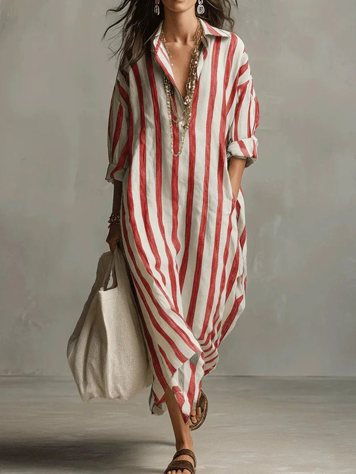 Women's holiday striped maxi dress, relaxed fit, collared with pockets, perfect for comfortable vacation style.