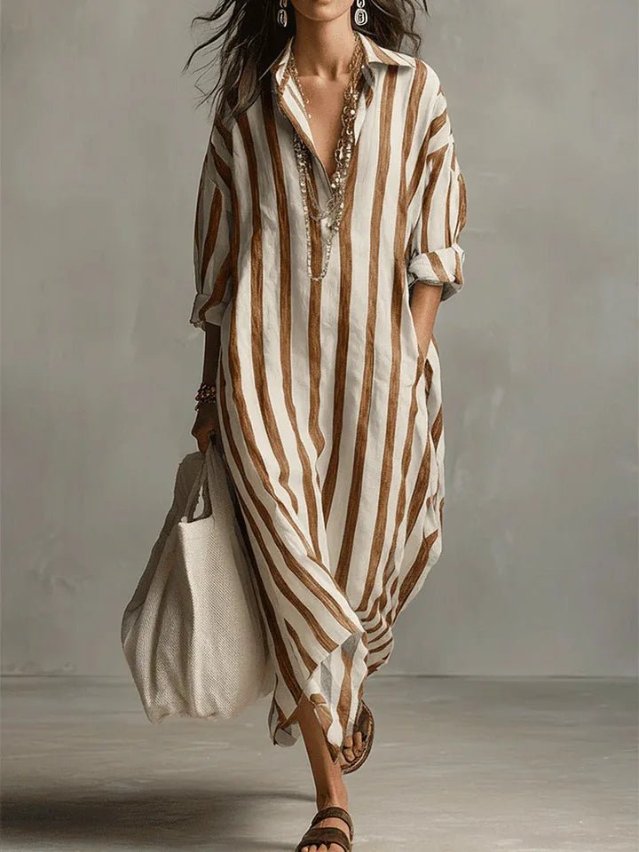 Versatile women's striped maxi dress, relaxed fit, collared and practical pockets for easy casual wear.
