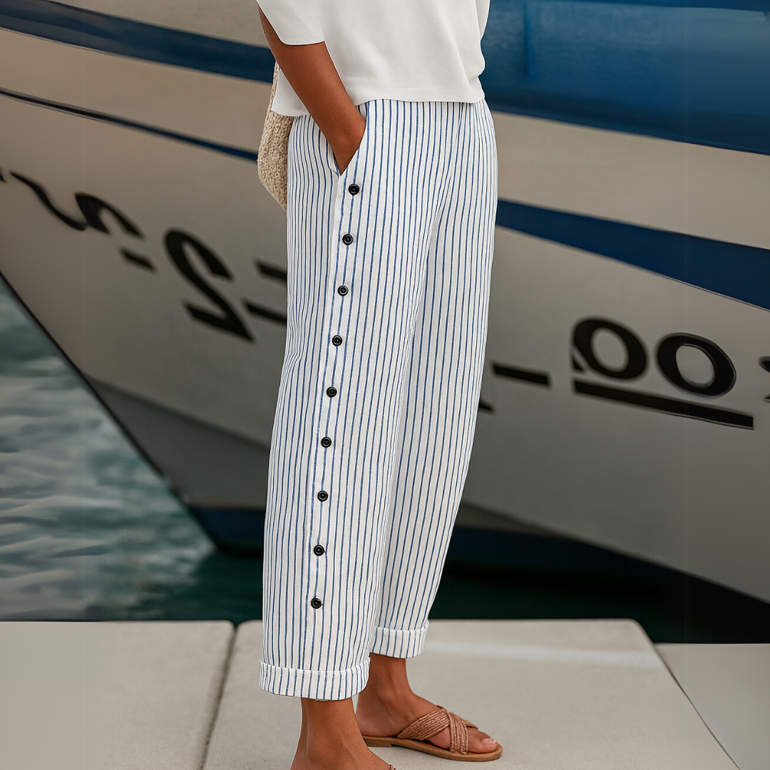 Versatile women's high-waisted striped wide-leg trousers. Elegant and comfortable for office, casual, and everyday style.