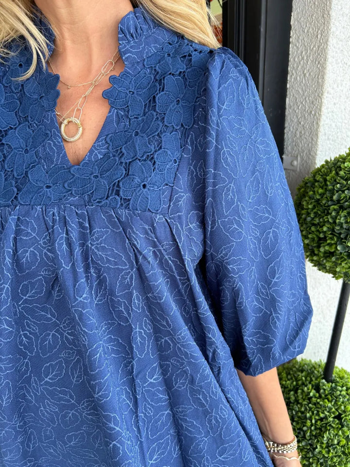 Women's Jacquard Mini Dress with V-Neck and Puff Sleeves
