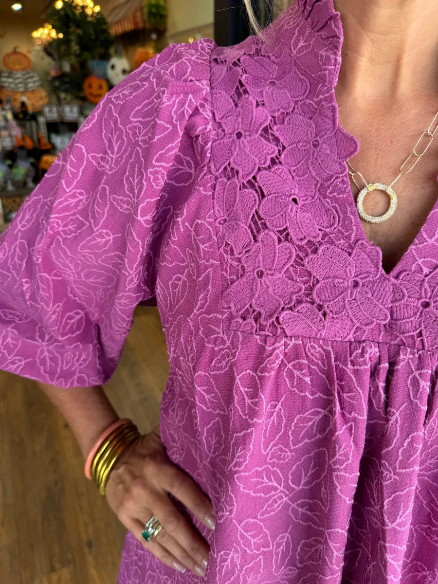 Women's Jacquard Mini Dress with V-Neck and Puff Sleeves