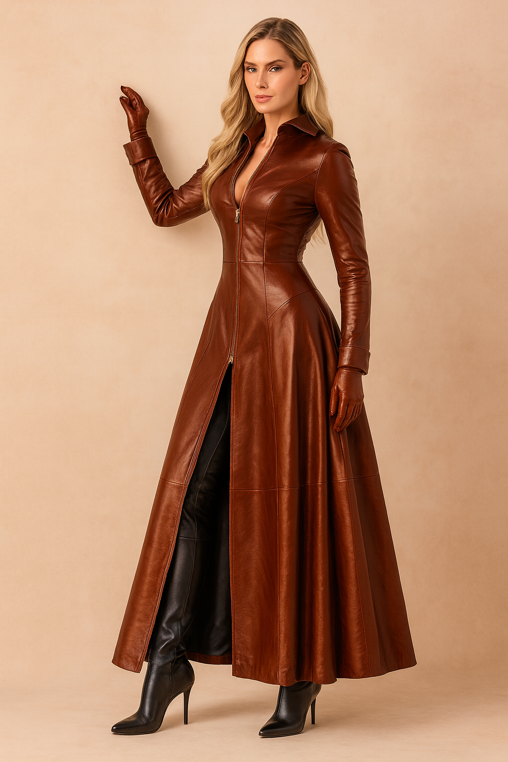 Women's sleek tailored long coat, a zip-front statement outerwear piece. Perfect for elegant winter fashion.