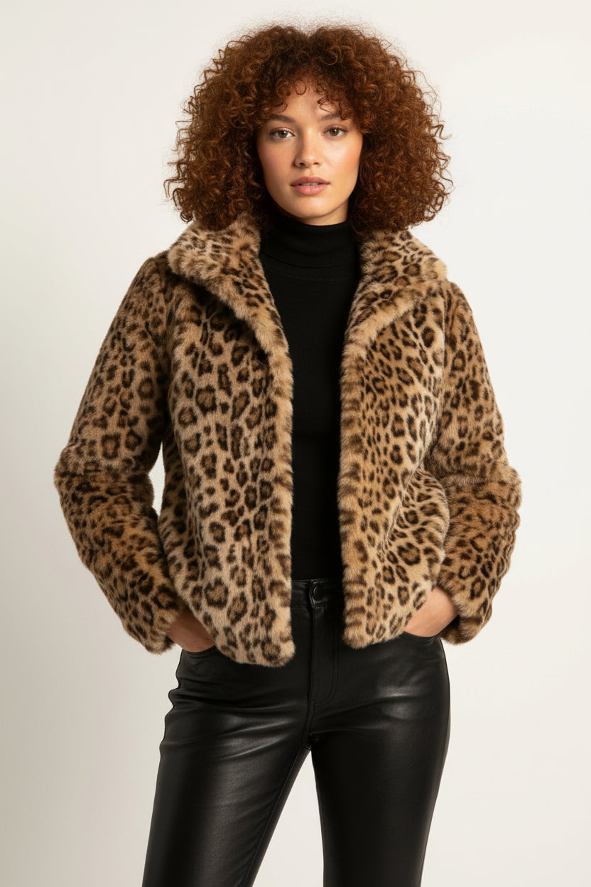 Women's cozy leopard print teddy jacket, soft faux fur for warmth & trendy winter style.