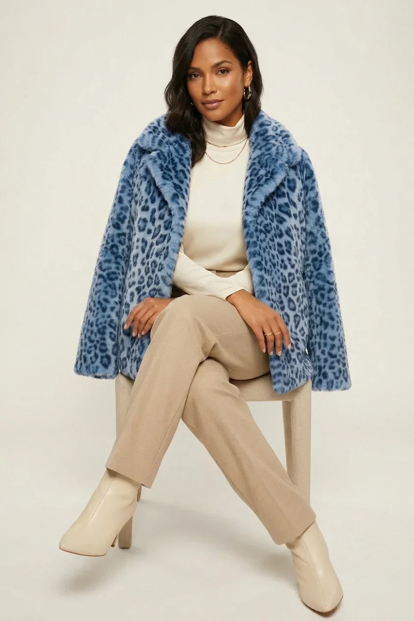 Stylish women's leopard print faux fur teddy jacket, offering cozy warmth for winter fashion.