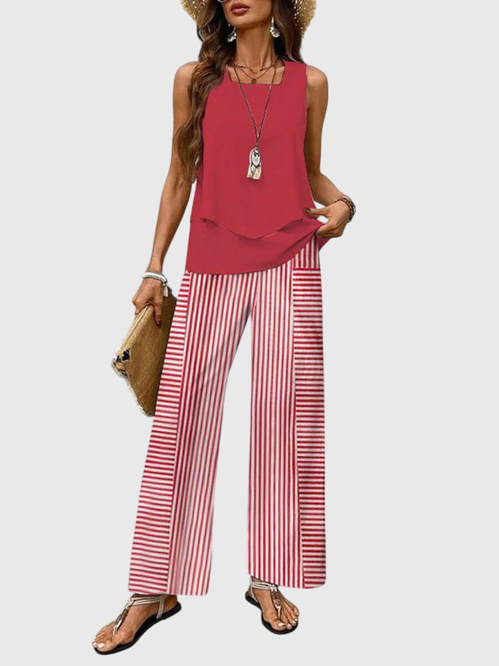 Women's elegant floral two-piece summer outfit. Breathable & relaxed fit, perfect for casual or vacation wear.