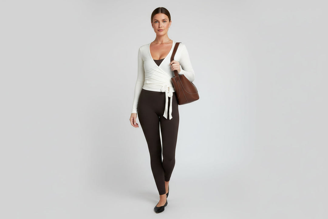 Women's Wrap Front Pilates Top, lightweight V-neck long sleeve activewear, perfect for yoga & studio workouts.
