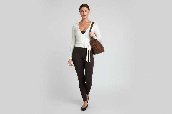 Women's Wrap Front Pilates Top, lightweight V-neck long sleeve activewear, perfect for yoga & studio workouts.