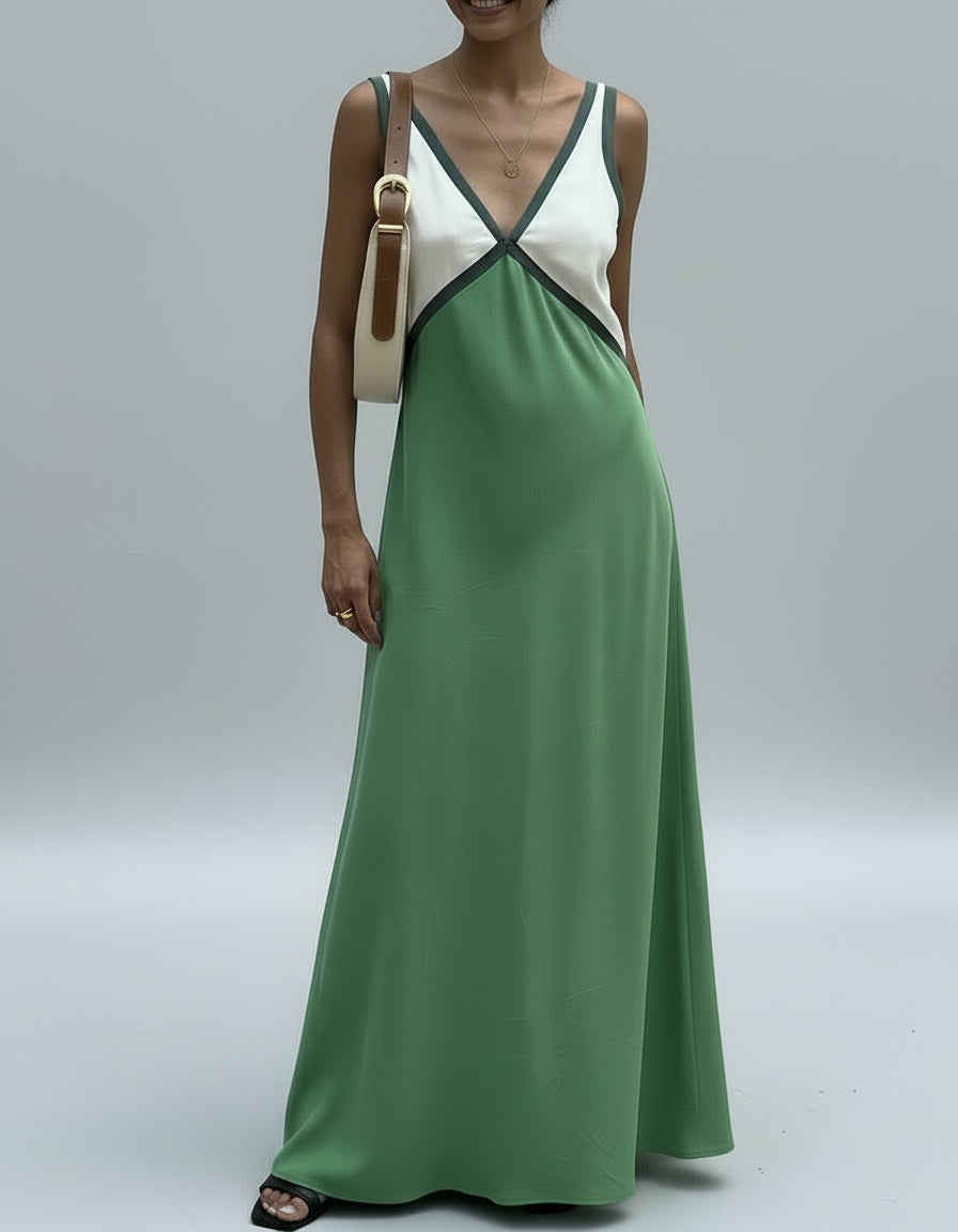 Women's elegant color block maxi dress with V-neck, showcasing stylish modern fashion.