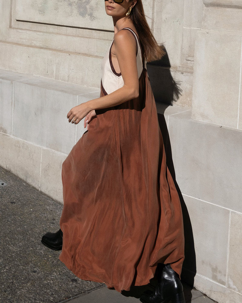 Bold fashion statement with women's elegant color block V-neck maxi dress, truly modern.