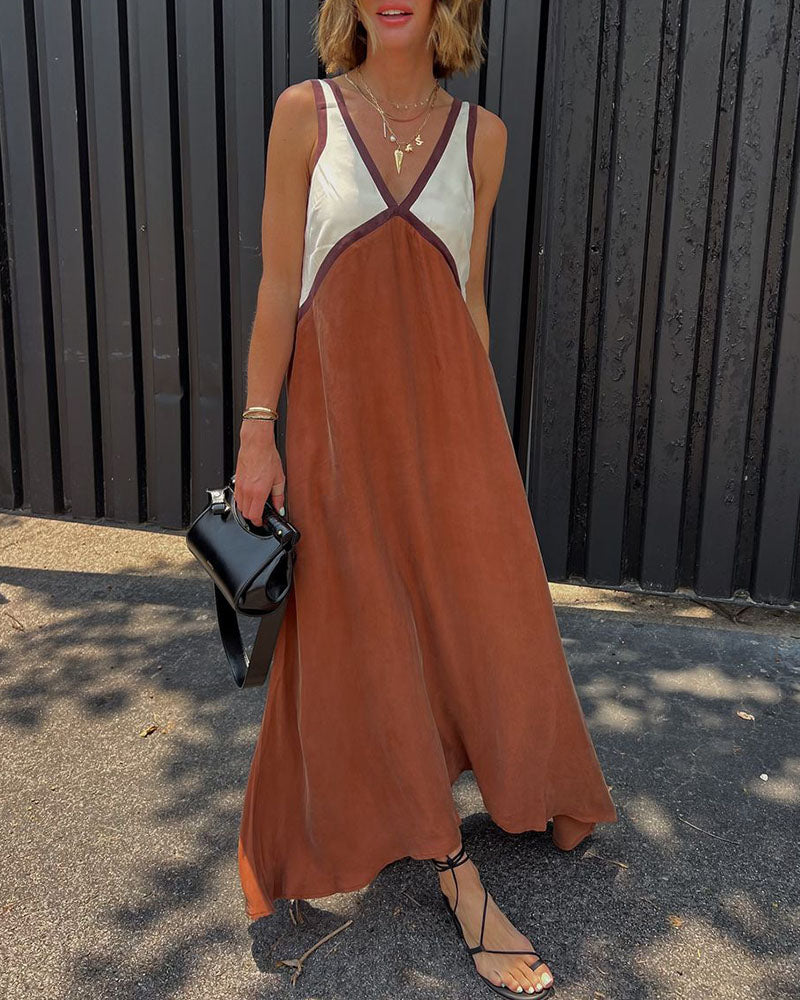 Women's stylish and comfortable color block V-neck maxi dress, an elegant and versatile modern essential.