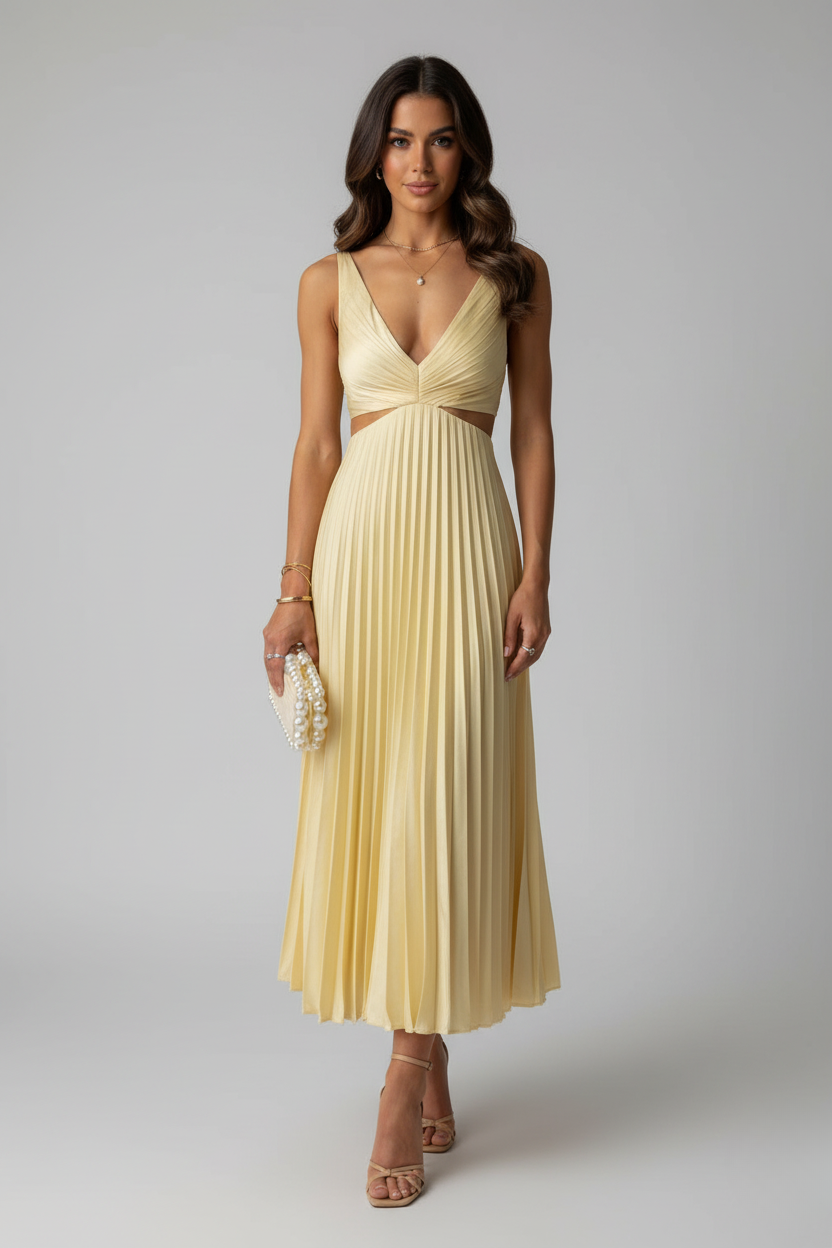 Elegant women's pleated midi dress, perfect for sophisticated occasion wear and summer parties.