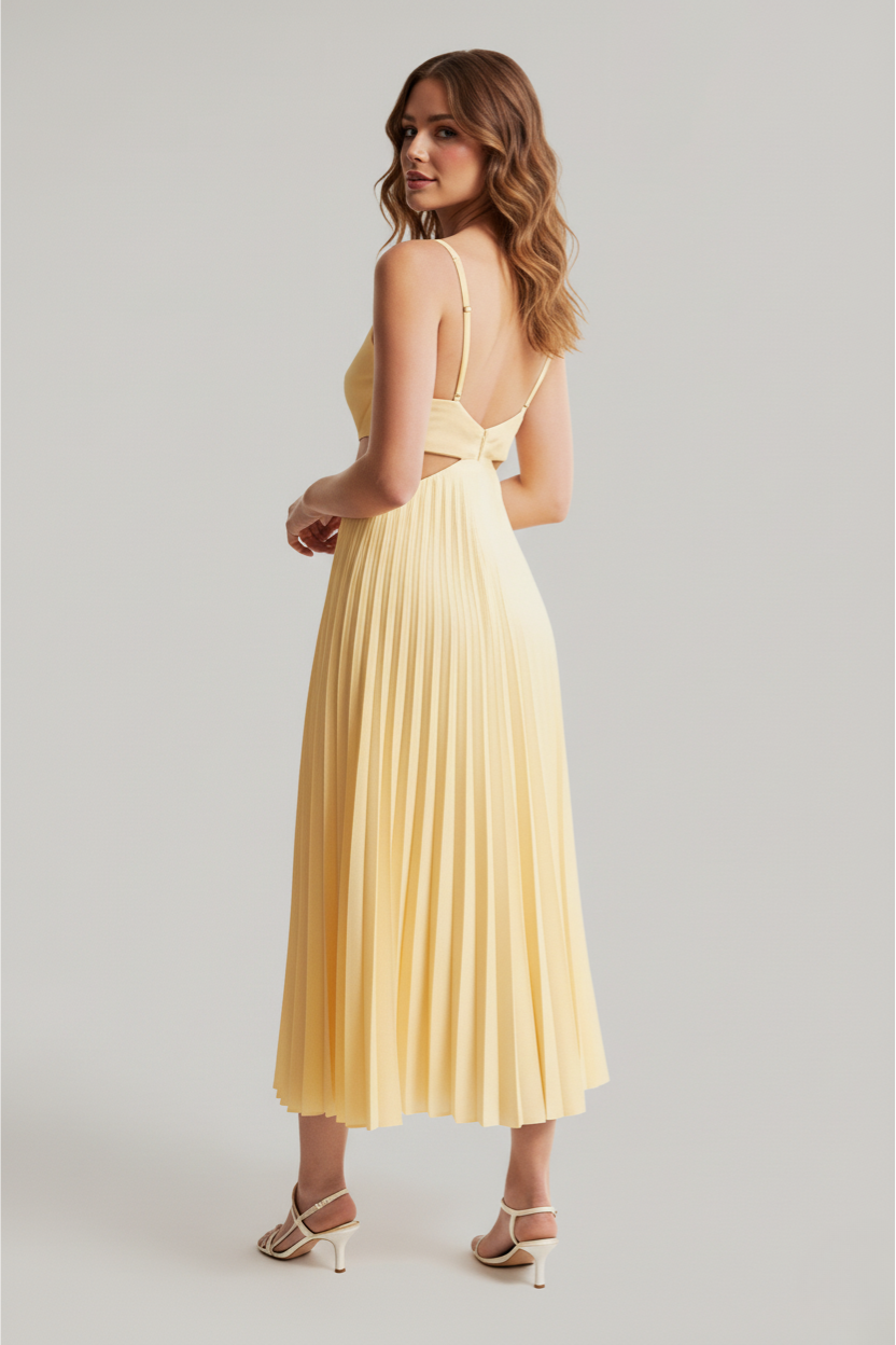 Flowy yellow pleated midi dress for women, ideal for summer events, parties, or elegant casual wear.