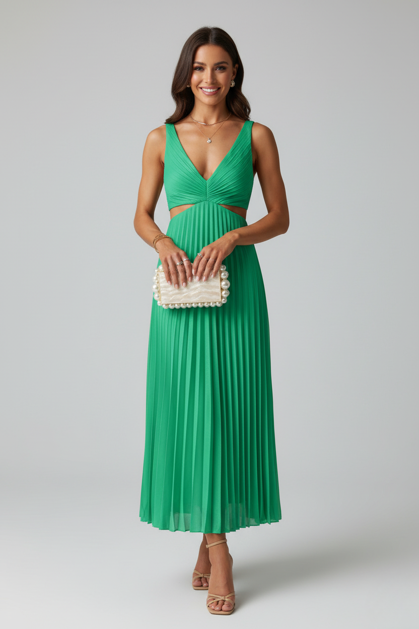 Stunning red pleated midi dress for women, perfect elegant occasion wear or a vibrant party dress.