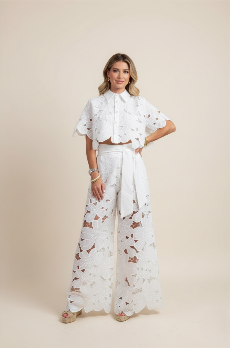 Women's chic floral embroidered top & wide-leg pants 2-piece set. Elegant spring fashion.