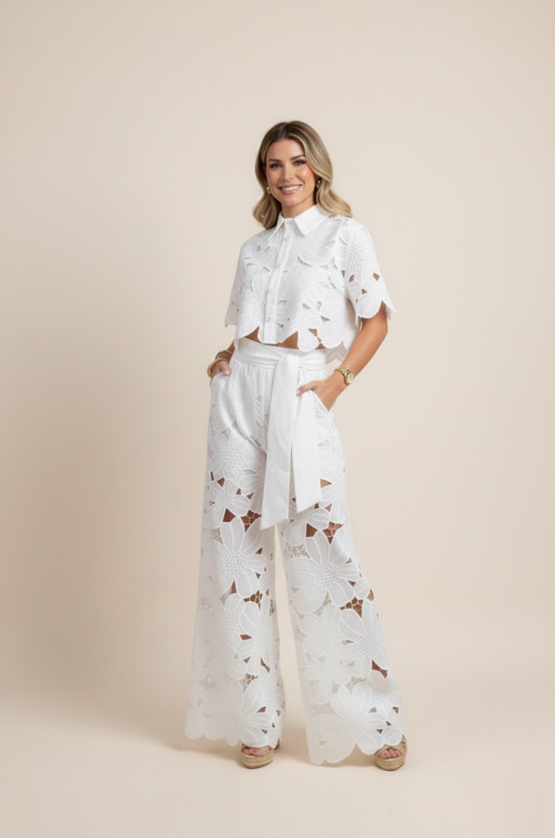 Elegant women's floral embroidered top & wide-leg pants co-ord set. Perfect for summer style.