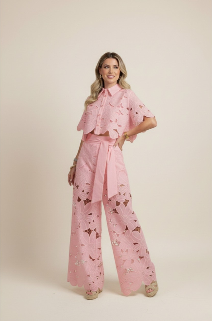 Fresh spring/summer women's floral co-ord set. Embroidered top & wide-leg pants for elegant wear.