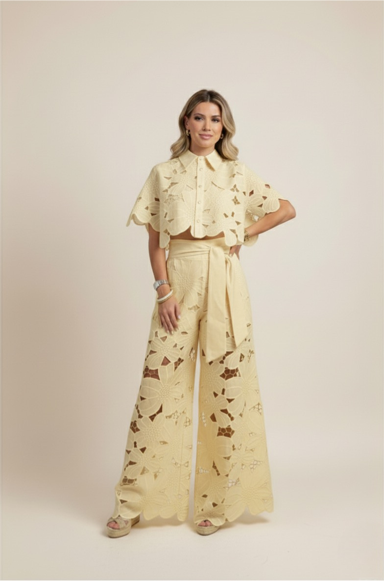 Fashion-forward women's floral co-ord. Embroidered top & wide-leg pants for a chic, elegant look.