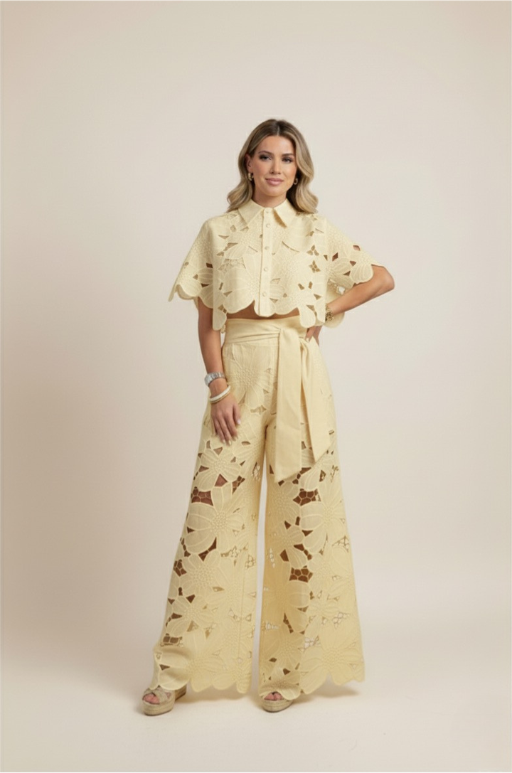 Fashion-forward women's floral co-ord. Embroidered top & wide-leg pants for a chic, elegant look.