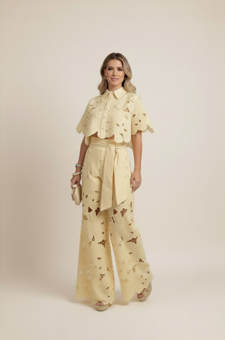 Women's floral embroidered top & airy wide-leg pants set. Soft fabric, elegant spring/summer style.