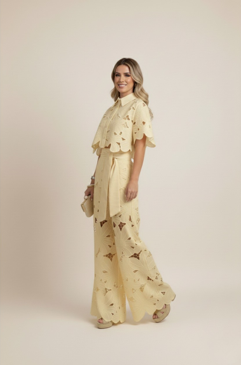 Versatile women's floral set: embroidered top & wide-leg pants for spring, summer, and resort wear.