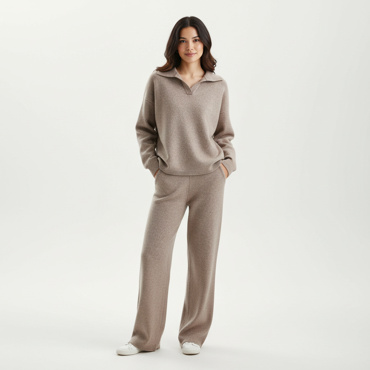 Premium women's cashmere top and pant set, providing warmth, softness, and elegant comfort at home.