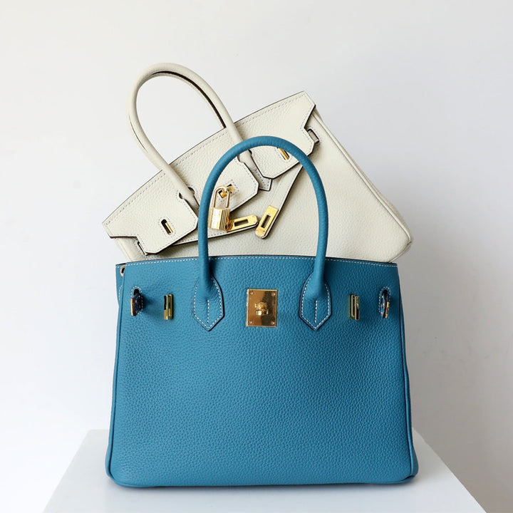 Women's chic leather handbag with a sleek finish and prominent elegant closure accent.