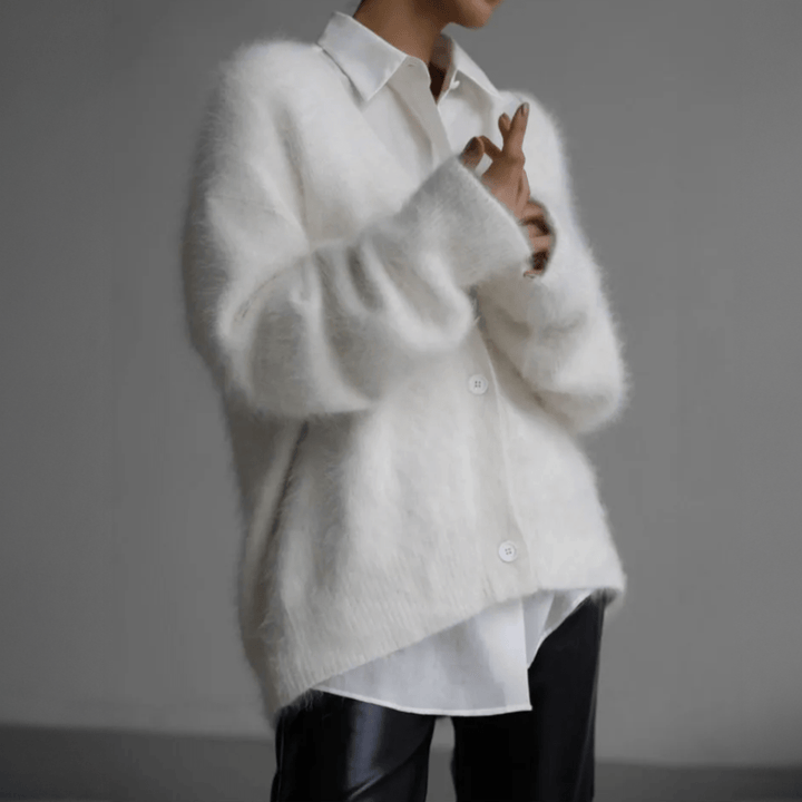 Autumn & winter women's fluffy cardigan. Enjoy cozy comfort and relaxed style with this soft sweater.