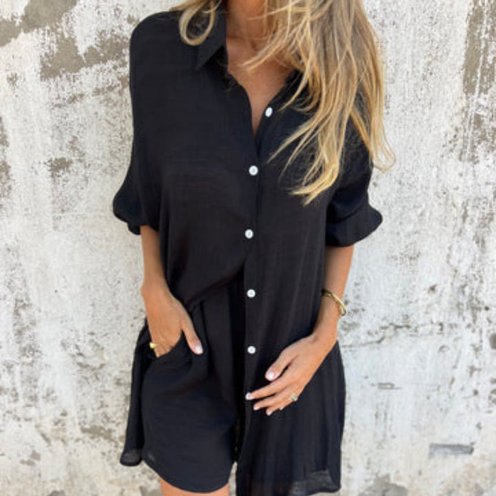 Coordinated women's casual polo and shorts two-piece set, ideal for lounge or daily wear.