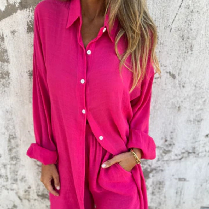 Fashionable women's relaxed polo & shorts set, a versatile summer outfit for any occasion.