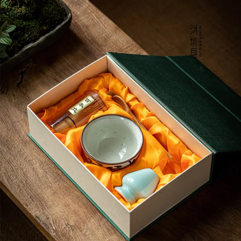 Complete Traditional Matcha Tea Ceremony Gift Set with ceramic chawan, bamboo whisk, & scoop.