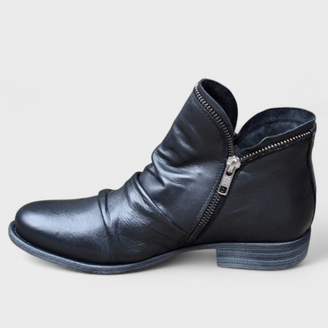 Chic women's ankle boots with supportive block heel. Stylish, versatile, comfort footwear for everyday fashion.