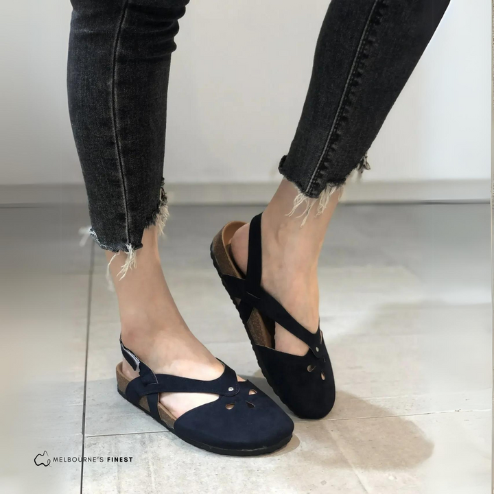 Side view of women's adjustable comfort sandals, ideal for walking, foot support & pain relief.