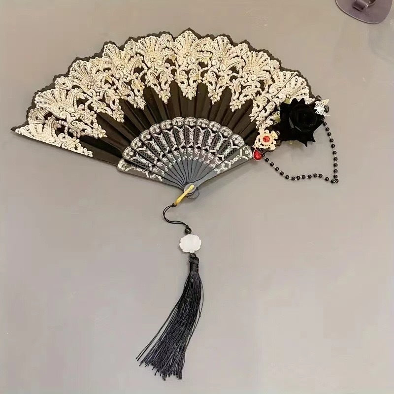 Elegant white floral lace folding fan, handcrafted for weddings & bridal parties. Women's delicate accessory.