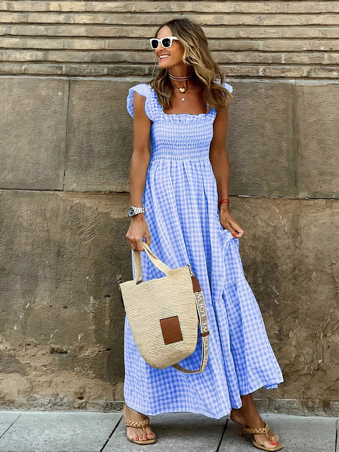 Bohemian fit and flare plaid maxi dress for women, offering an effortlessly elegant and comfortable summer style.
