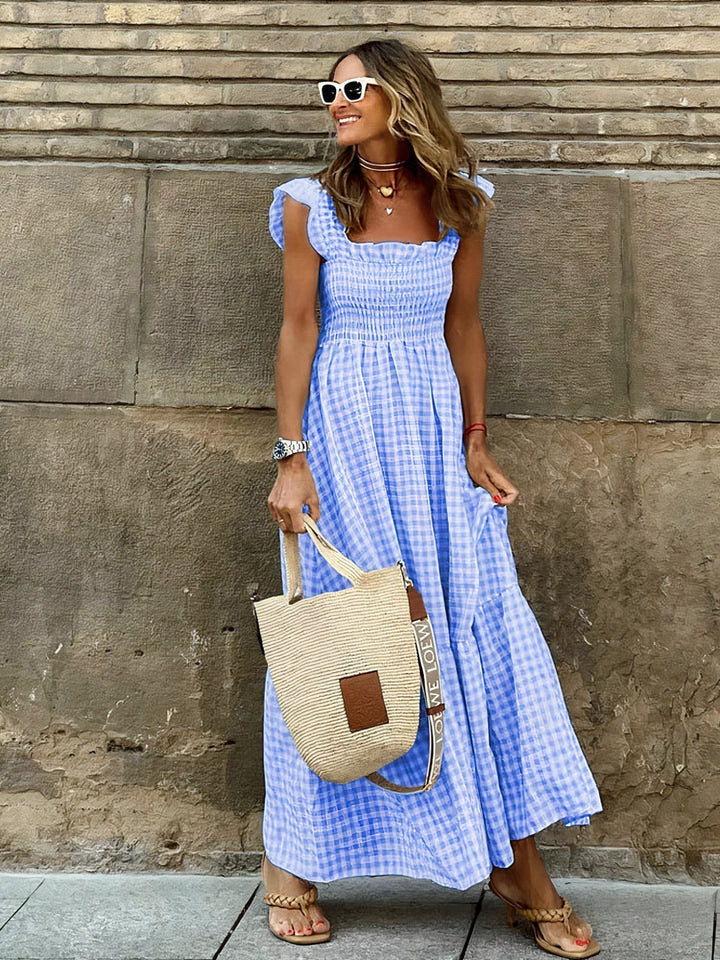 Bohemian fit and flare plaid maxi dress for women, offering an effortlessly elegant and comfortable summer style.
