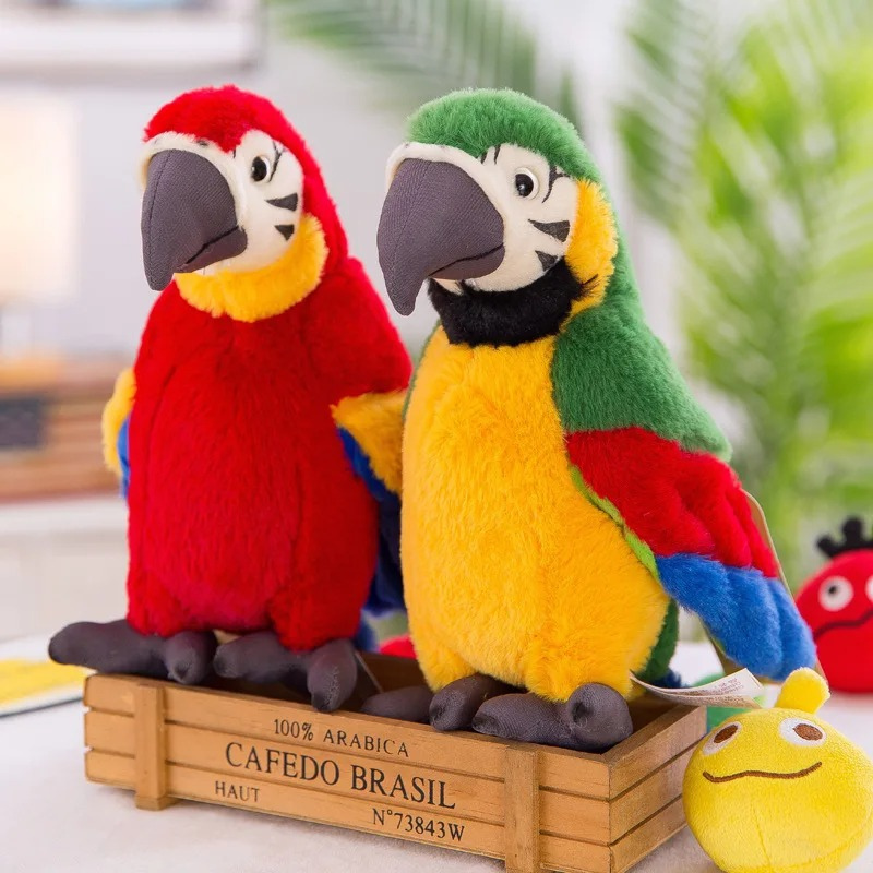 A colorful interactive talking parrot plush toy for kids, aiding speech development.