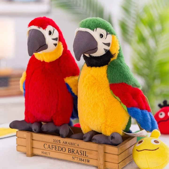 A colorful interactive talking parrot plush toy for kids, aiding speech development.
