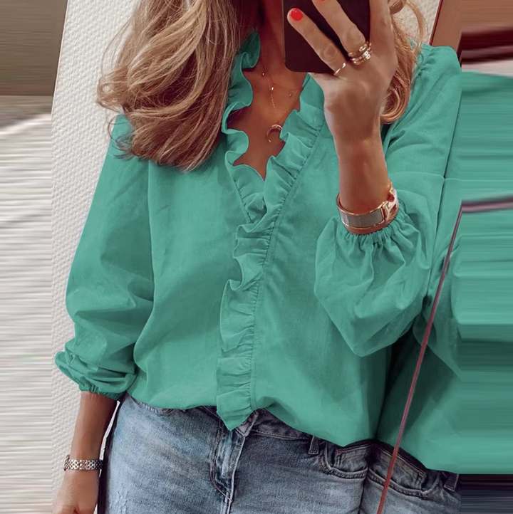 Elegant women's V-neck long sleeve blouse with delicate ruffles, perfect for office or chic casual wear.