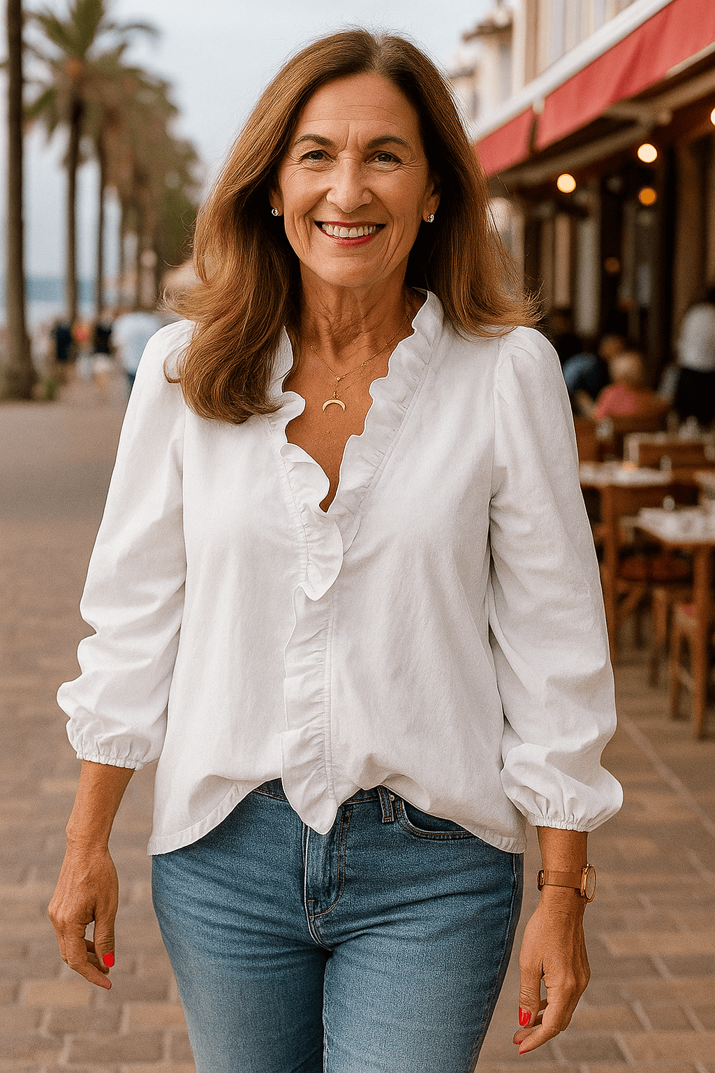 Stylish women's ruffled long sleeve blouse. Features a V-neck and soft fabric for elegant workwear or versatile outfits.