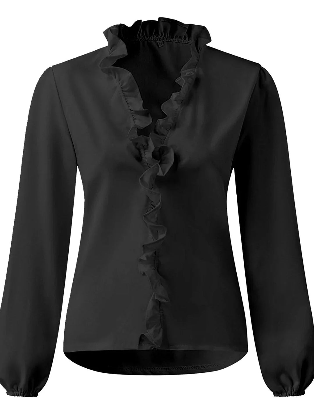 Comfortable women's long sleeve ruffled blouse. This elegant V-neck top offers a stylish look for work or casual events.